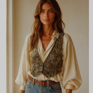 Vintage Early 90s Floral Tapestry Boho Chic Vest Small